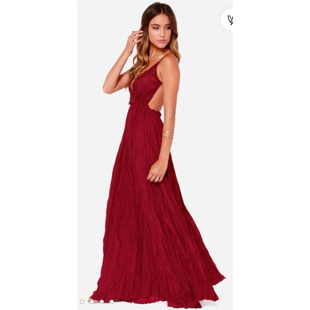 Lulu’s Snowy Meadow Crocheted Wine Red Maxi Dress